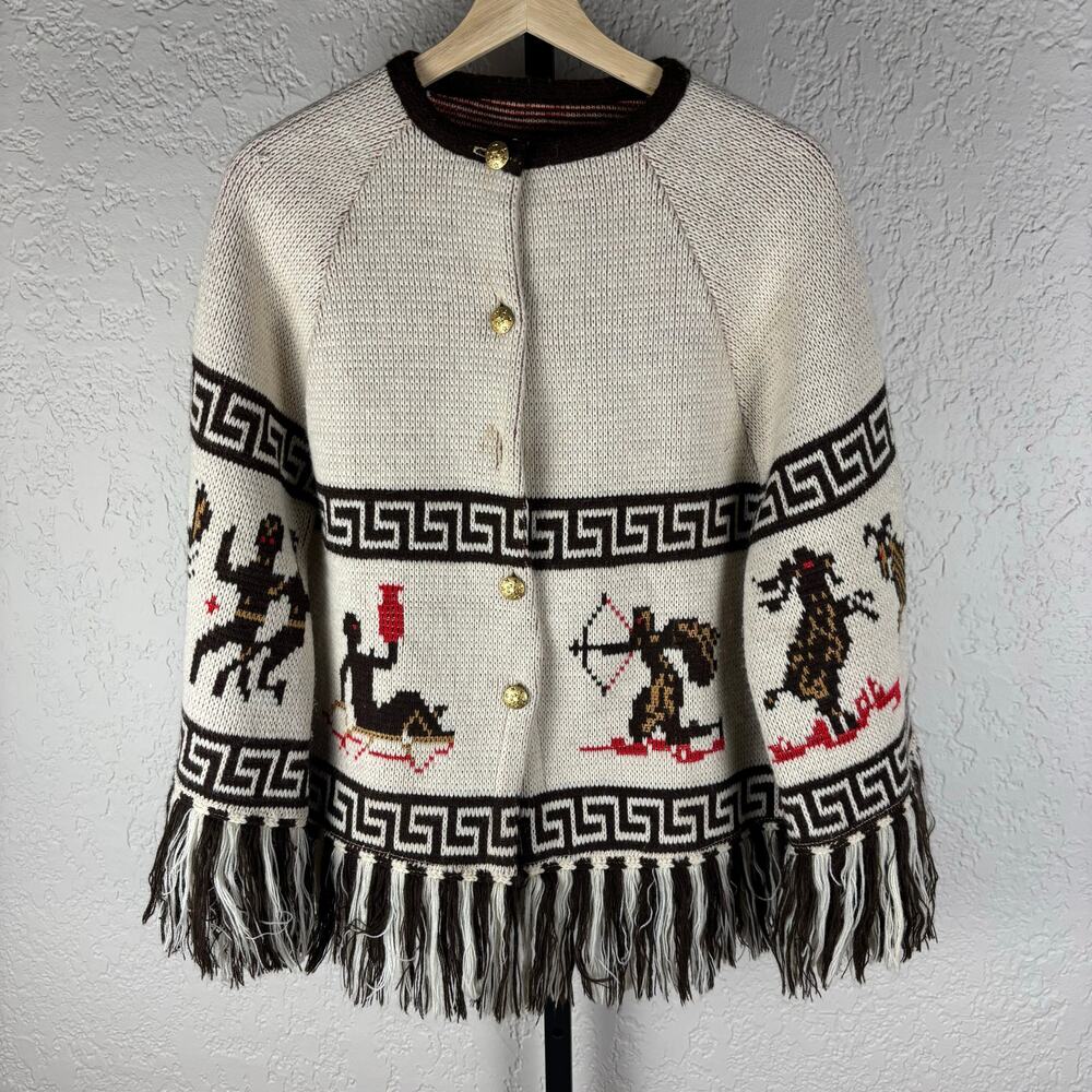 Sturbridge 1970s Greek Key Zodiac Fringe Acrylic Small Cardigan Sweater